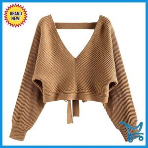 V Neck Cropped Sweater Ribbed Knit Pullover Drop Shoulder Sexy Backless Tie